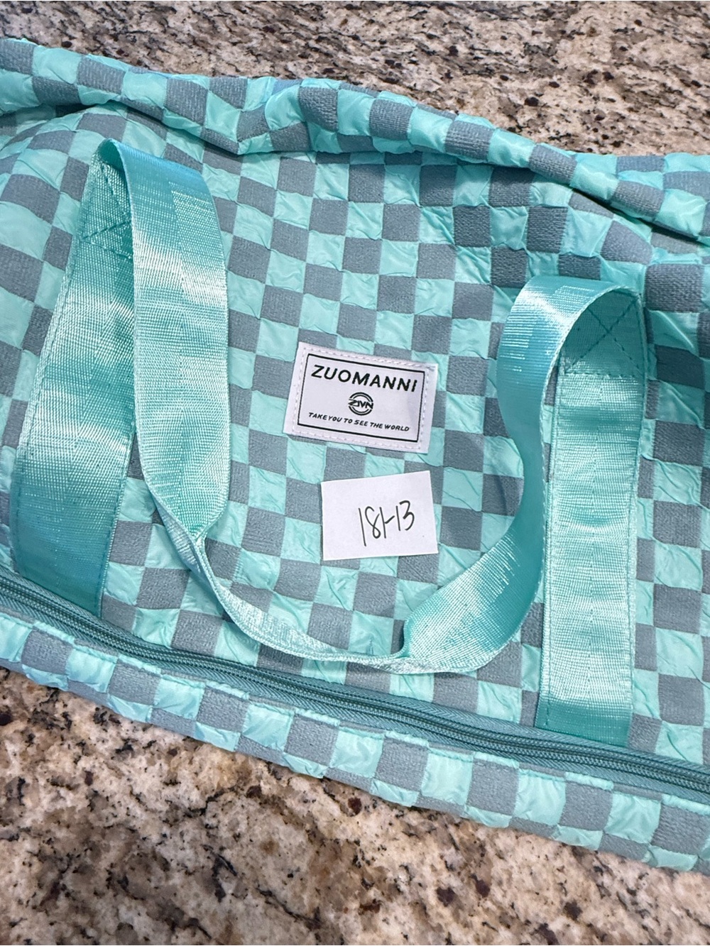 Checkered duffle bag teal gray travel gym school multi pockets - Picture 14 of 15